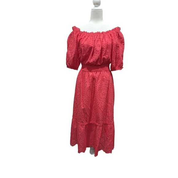 Betsy Johnson Paradise Pink On/Off Shoulder Cotton Eyelet Midi, M - Picture 5 of 15